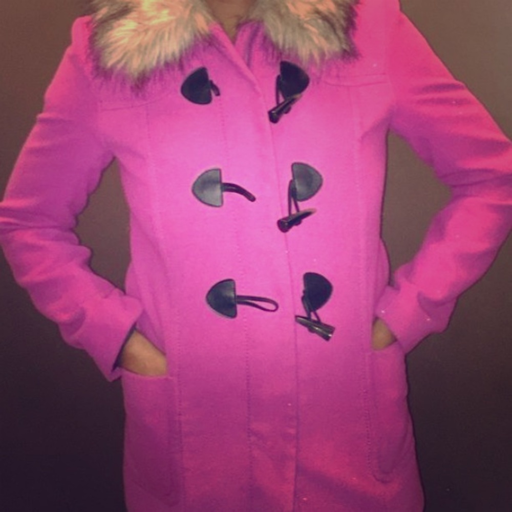 H&M Bright Pink Wool-Blend Pea Coat with Faux Fur Collar